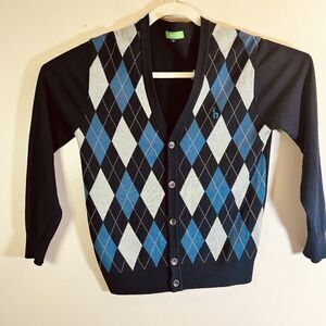 Hazzys Golf Men's Medium Argyle Cardigan Sweater V-Neck Blue Gray Knit Wool Ivy